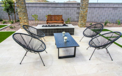 back yard patio with raised tile fire pit