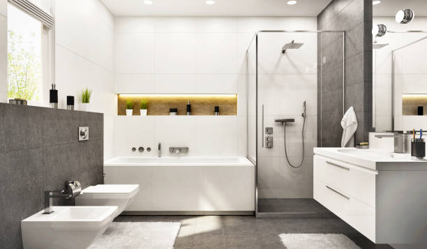 modern white bathroom with gray tiles