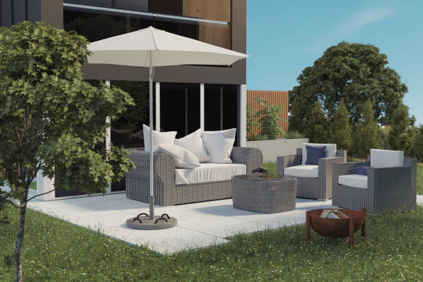 3d rendering of rattan furniture and rusty firebowl at garden
