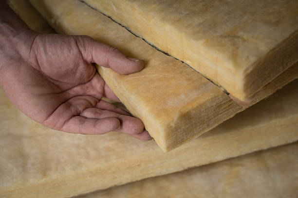 hand holding a fiberglass batt. image of home insulation.