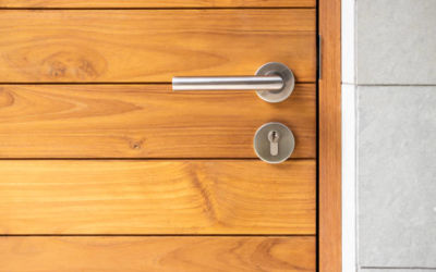 stainless steel door handle and wooden door